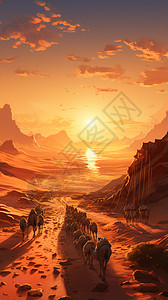 敦煌旅行宣传单沙漠骆驼商队插画