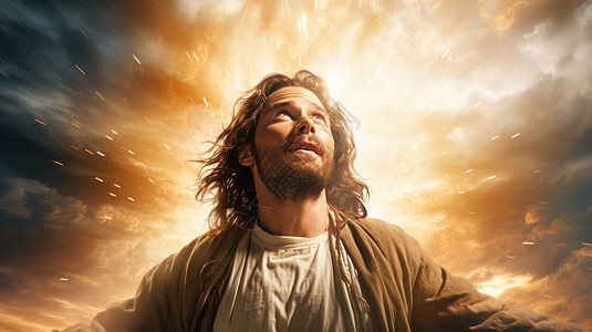 耶稣像祷告的男子插画