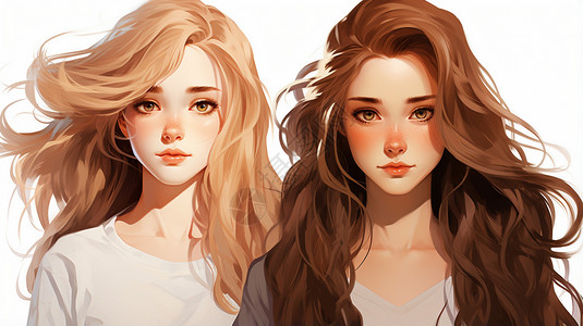 美女展示飘逸的秀发两位长头发的女孩插画