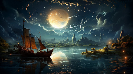星海夜色月色星海下的夜色插画