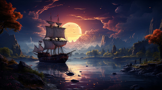 夜幕下行驶在水上的帆船图片