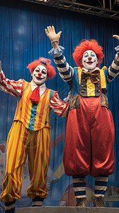 两个小丑举手在舞台上表演背景图片