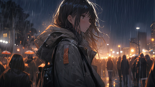 雨夜女孩在街道行走高清图片