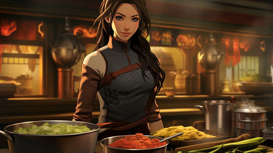 厨师在工作女人在后厨工作插画