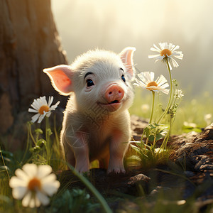 小猪旁边有一朵小花图片