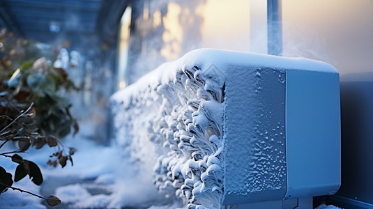 室外冷凝器雪地里的冰柜高清图片