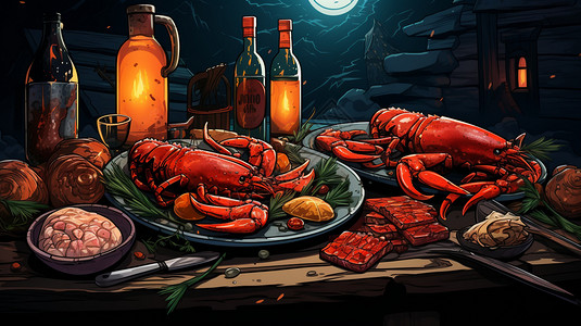 海鲜宵夜美味的海鲜大餐插画