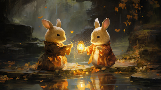 湖边放河灯的兔子图片