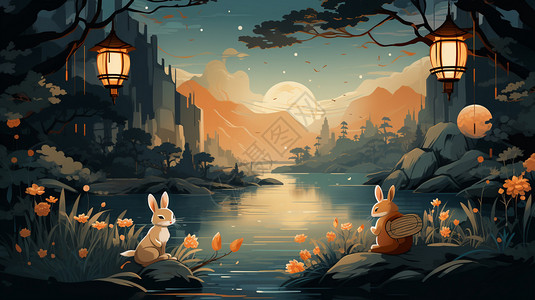 放河灯的兔子背景图片