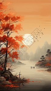 栗子和红叶秋天的风景插画