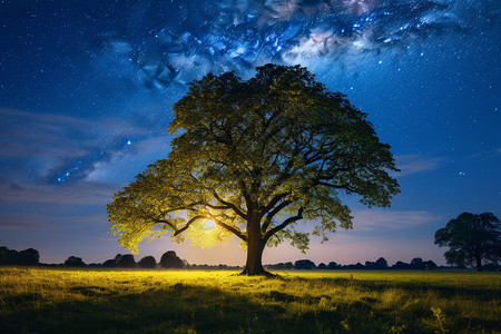 夏夜星空下的白色橡树图片
