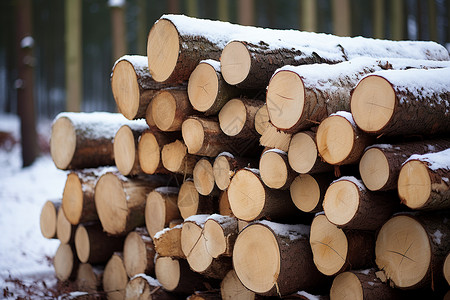 冬季木材堆云杉木柴伐木林业高清图片