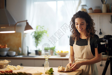 女子在厨房做饭背景图片