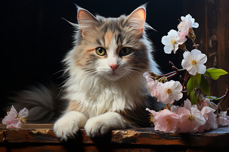 鲜花和猫趴在桌上的猫咪和鲜花背景