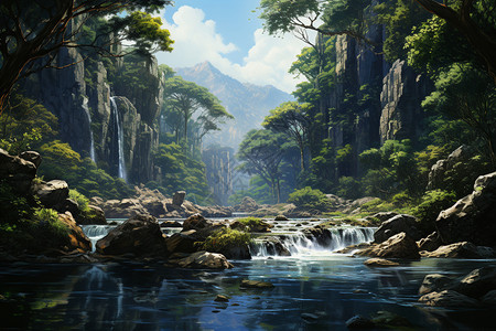 原始森林的水原始森林的河流插画