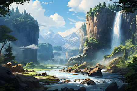 山脉瀑布的风景图片