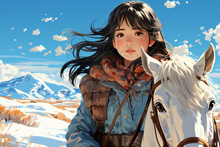 雪山马雪山旅行的女孩插画