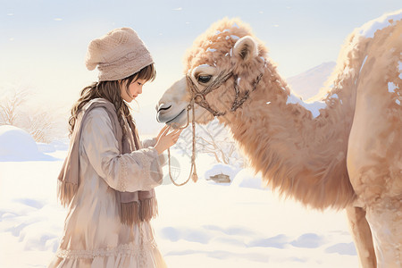 冬季的少女和骆驼背景图片