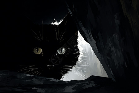 一只黑色猫咪的油画作品图片