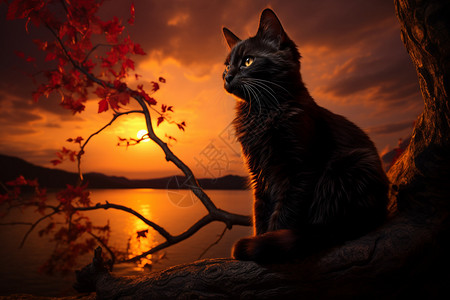 日落背景下的猫咪图片