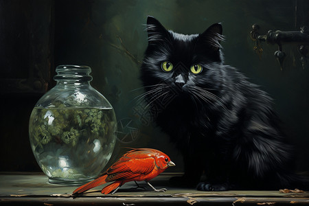 黑色的猫咪和小鸟图片