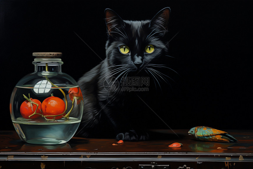 桌上的黑色猫咪图片