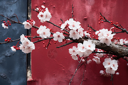 红墙边的一支梅花背景图片