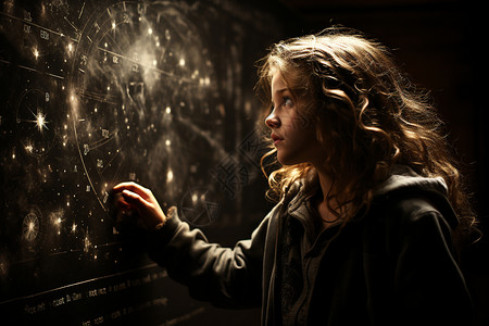 星座女孩在黑板上绘画星空的女孩背景