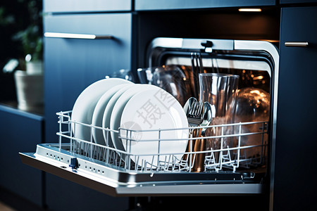 一叠盘子厨房的洗碗机背景
