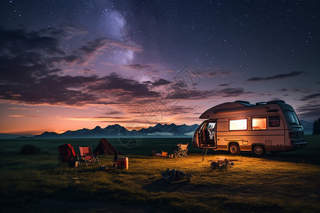 草地上的露营车背景图片