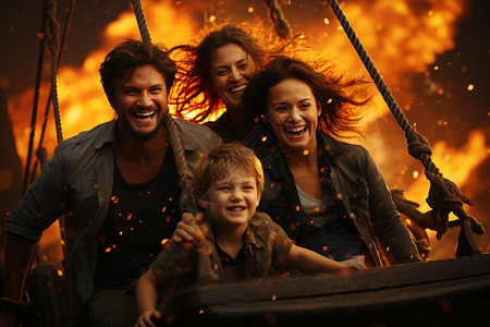 海盗船游乐海盗船上玩耍的家庭背景
