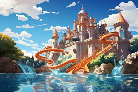 水上城堡水上乐园中的城堡和滑梯插画
