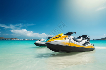 阳光沙滩上的水上摩托活动高清图片