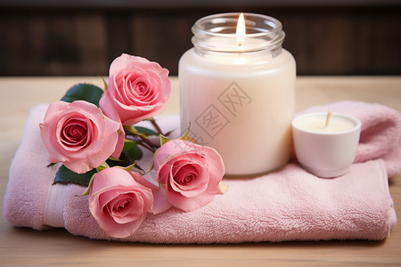 桌面上的花束香熏和毛巾图片
