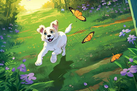 追蝴蝶的卡通狗背景图片