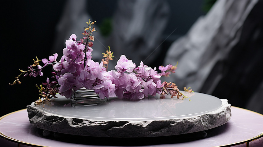 圆桌上紫色的鲜花图片
