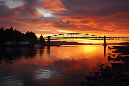 夕阳下的跨河大桥高清图片