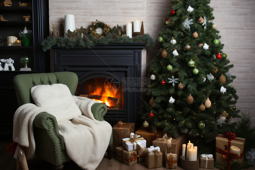 圣诞树下的温馨居室图片