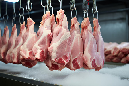 猪肉加工厨房里悬挂着一堆肉背景