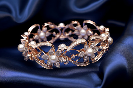 金质珍珠钻石扣金手镯背景图片