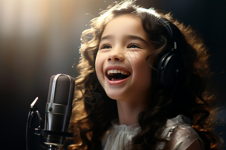 用麦克风高兴唱歌的女孩图片