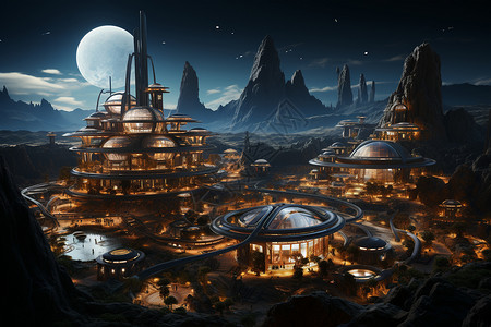 新文明夜晚登月探索中的城市之光设计图片