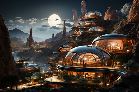 火星魅力未来城市与自给自足生态系统的完美融合设计图片