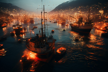 渔船夜晚港口之夜景色背景