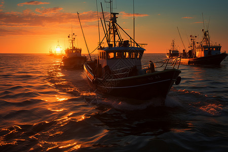 护旗队渔船在海上映照出温暖的光芒背景