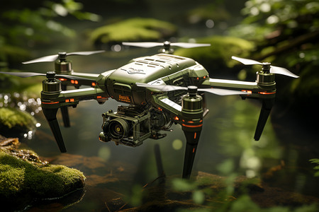 神秘的森林河流中的小型无人机设计图片