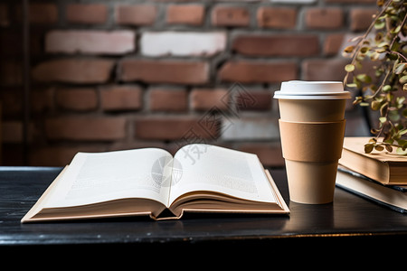 书本咖啡绿植物元素清晨摊开的书本背景