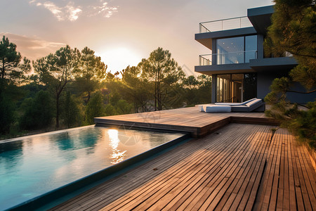 带太阳的分割线带泳池的豪华别墅背景