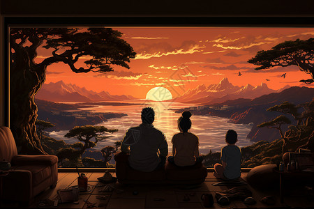 透过窗户往外两个人看夕阳的一家人插画