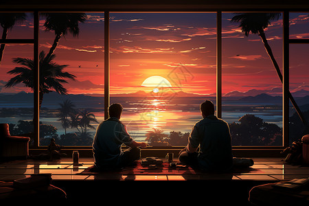 透过窗户往外两个人夕阳下的人插画